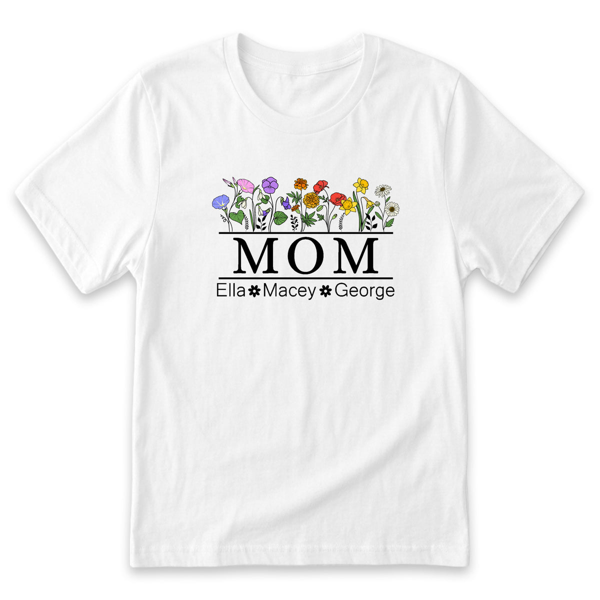 A white t-shirt with a graphic design featuring a row of colorful flowers and the text "MOM" below them.