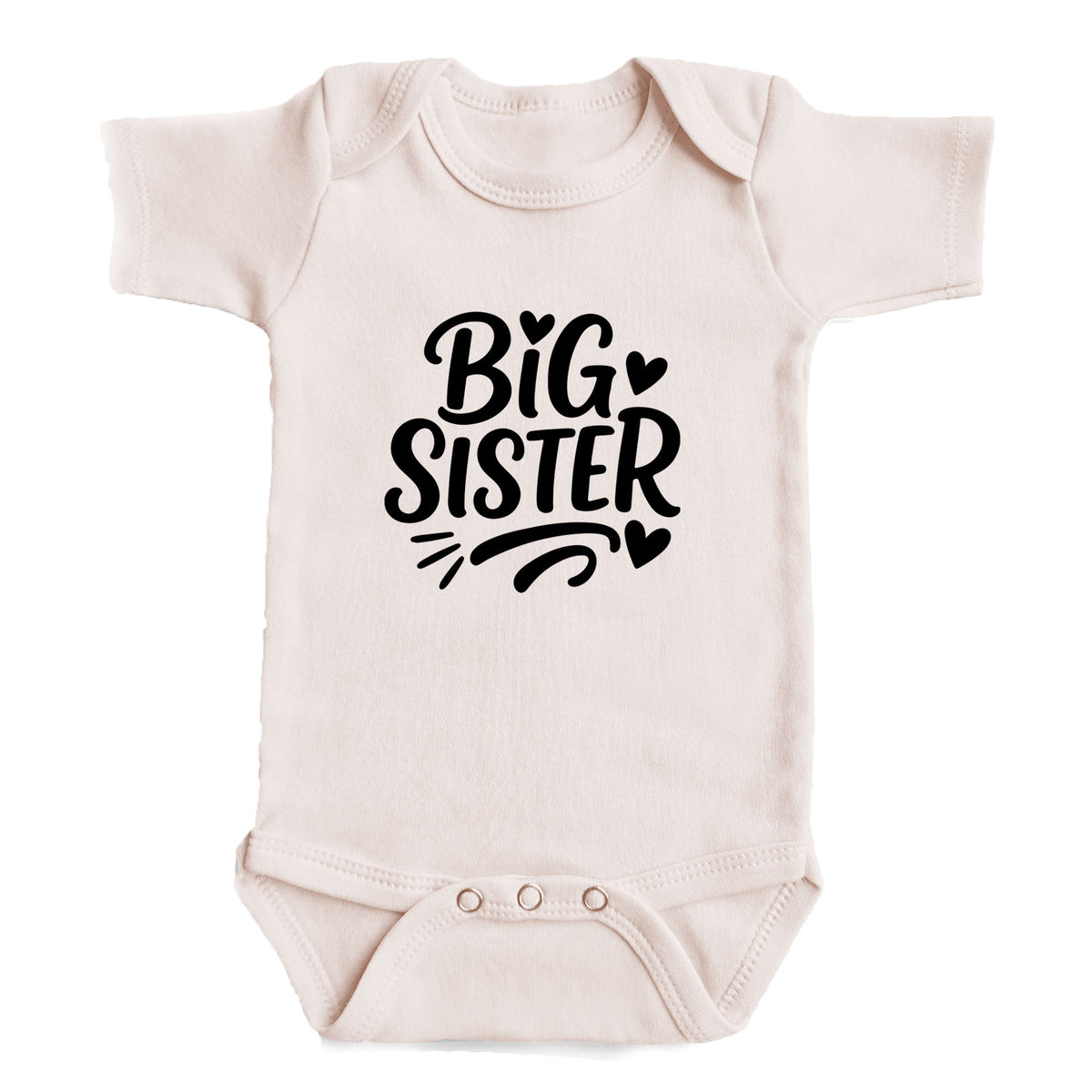 A baby onesie with the text "BIG SISTER" printed on it.