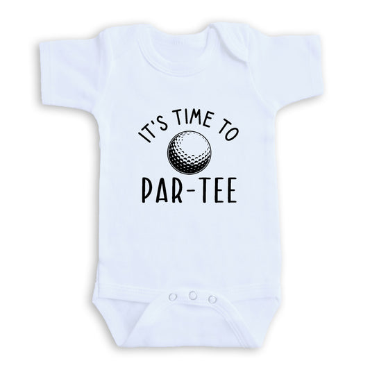 A white baby onesie with the text "IT'S TIME TO PAR-TEE" printed on it.