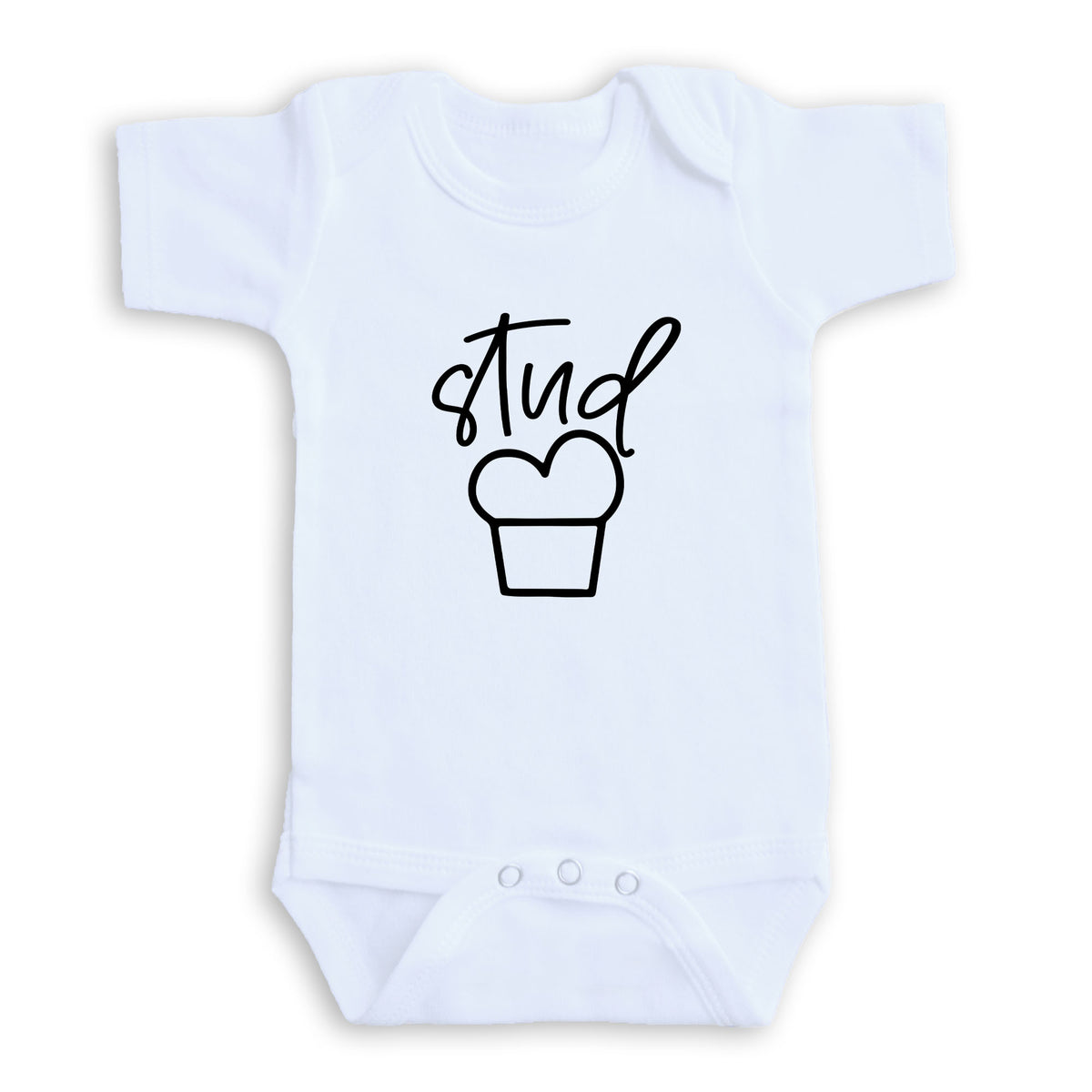 A white baby onesie with a black graphic design on the front.