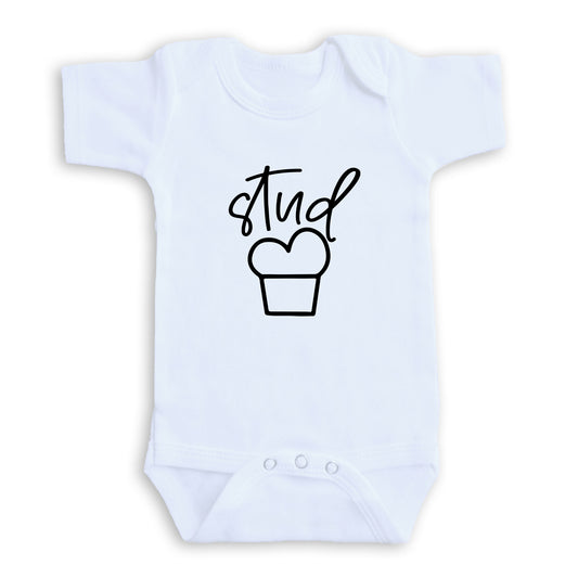 A white baby onesie with a black graphic design on the front.