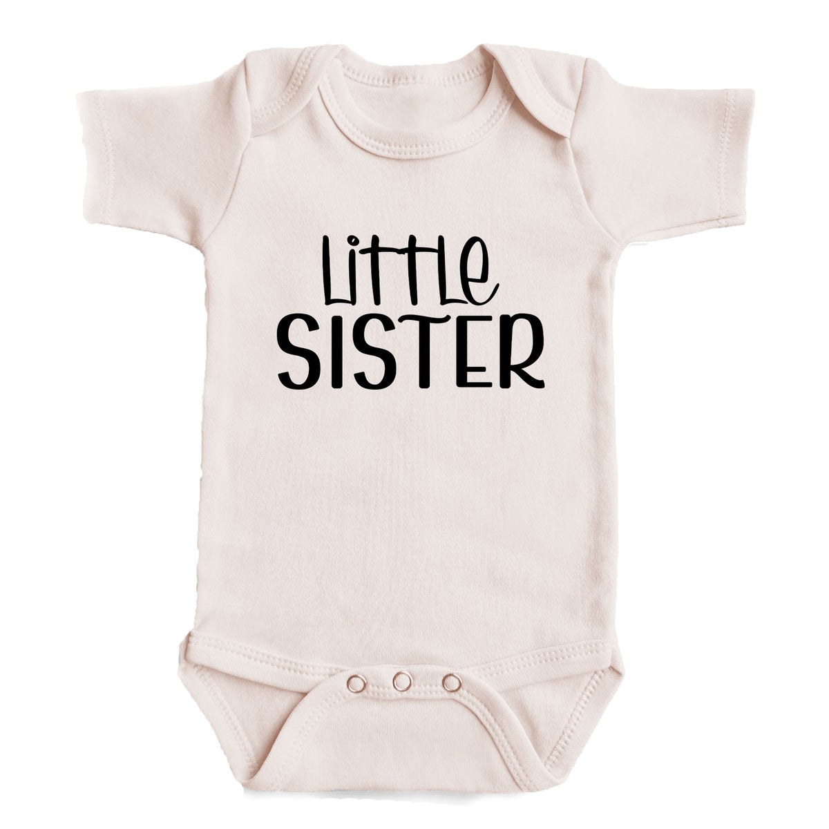 A baby onesie with the text "Little Sister" printed on it.