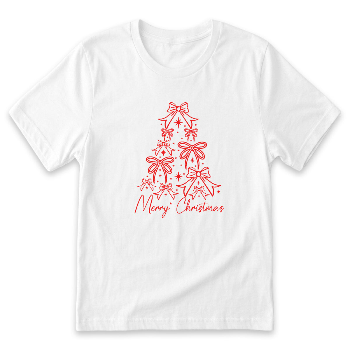 A white t-shirt with a red Christmas tree design and the text "Merry Christmas" printed on it.