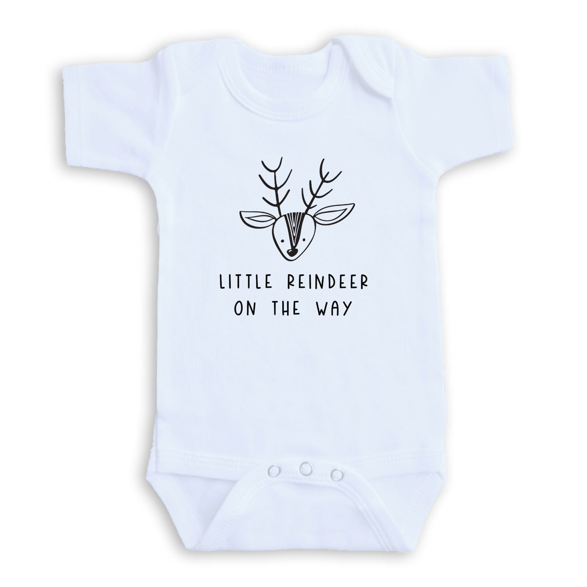 A white baby onesie with a black reindeer graphic and the text "LITTLE REINDeer ON THE WAY" printed on it.