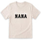 A beige t-shirt with the text "One Lucky NANA" printed on it in black.