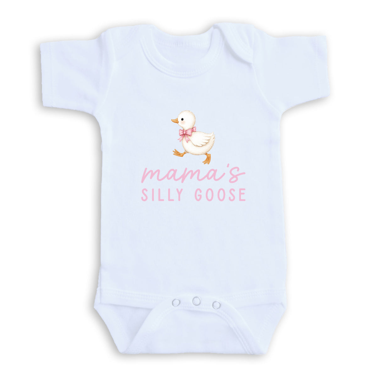 A white baby onesie with a cartoon duck and the text "mama's SILLY GOOSE" printed on it.