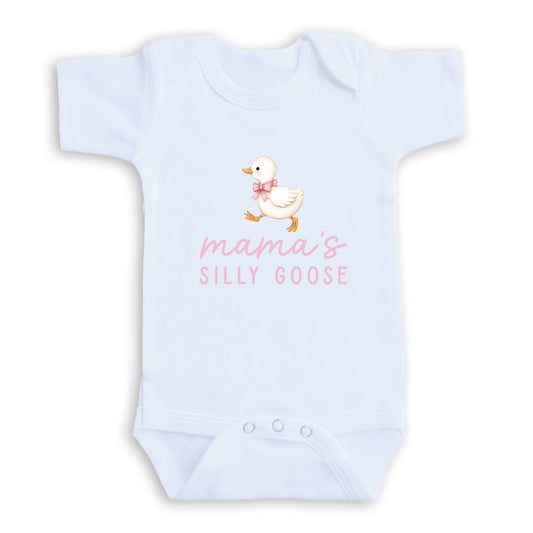 A white baby onesie with a cartoon duck and the text "mama's SILLY GOOSE" printed on it.