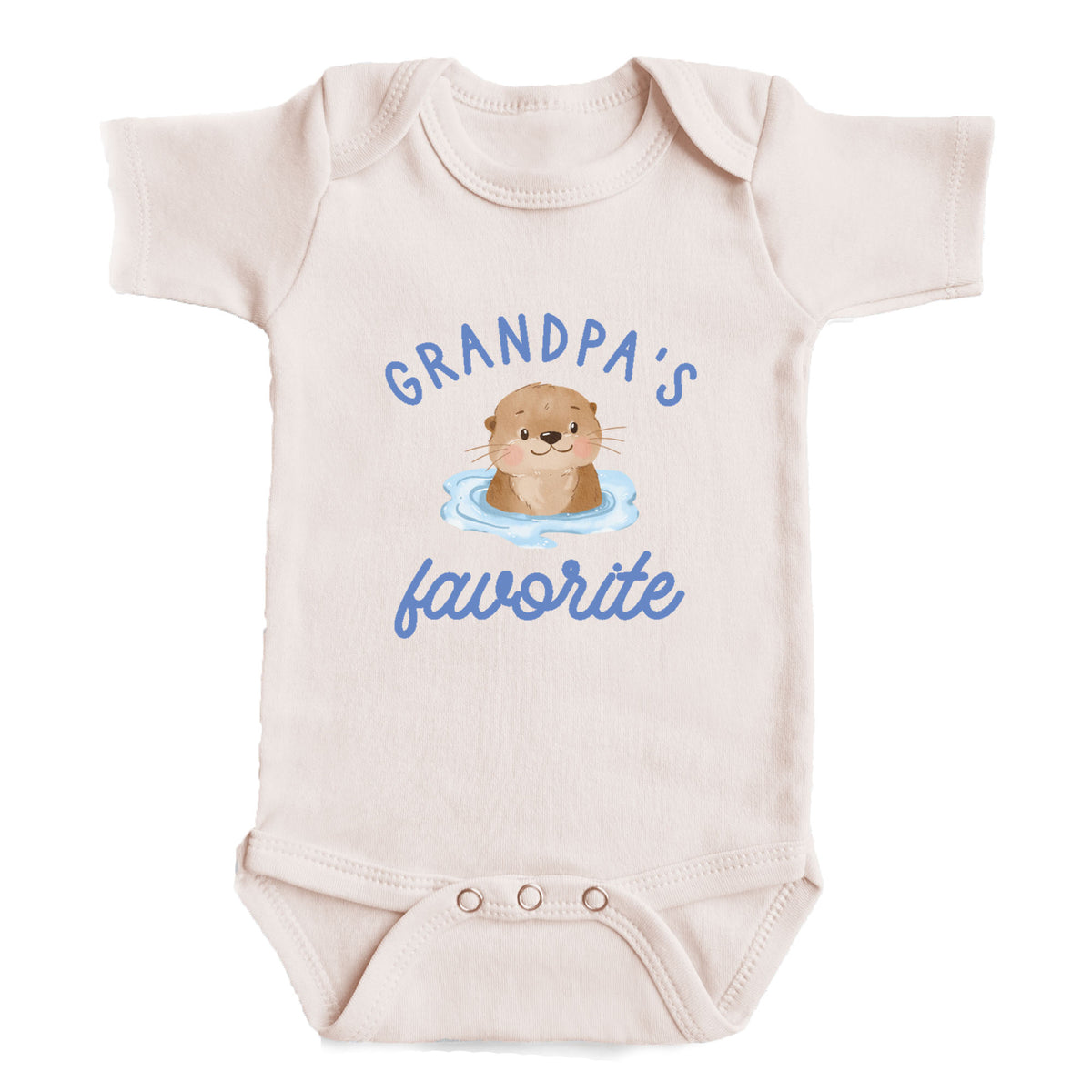 A baby onesie with a cute cartoon image of an otter and the text "GRANDPA'S FAVORITE" printed on it.