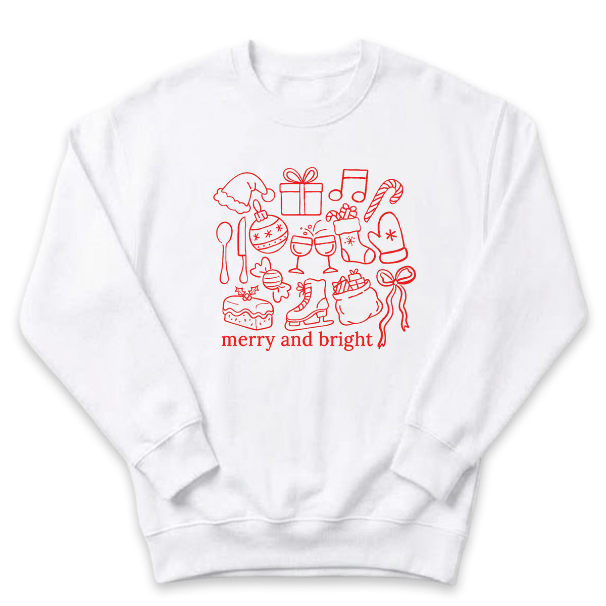 A white sweatshirt with a red graphic design featuring various Christmas-themed items such as a Santa hat, gift boxes, candy canes, and a snowman. The text "merry and bright" is written below the design.