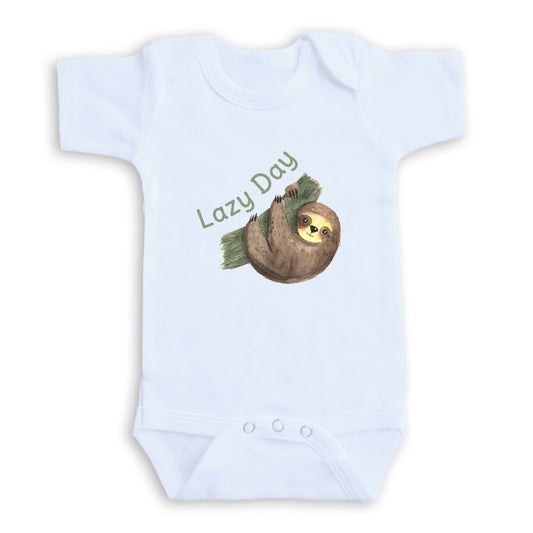 A white baby onesie with a sloth graphic and the text "Lazy Day" printed on it.