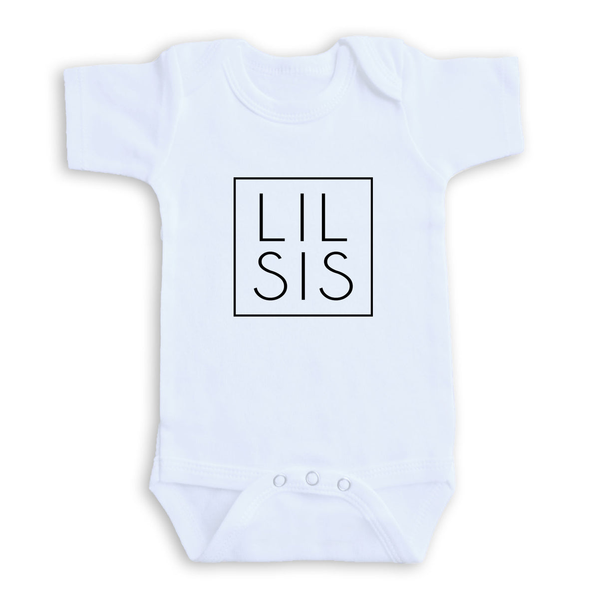 A white baby onesie with the text "LIL SIS" printed on it.