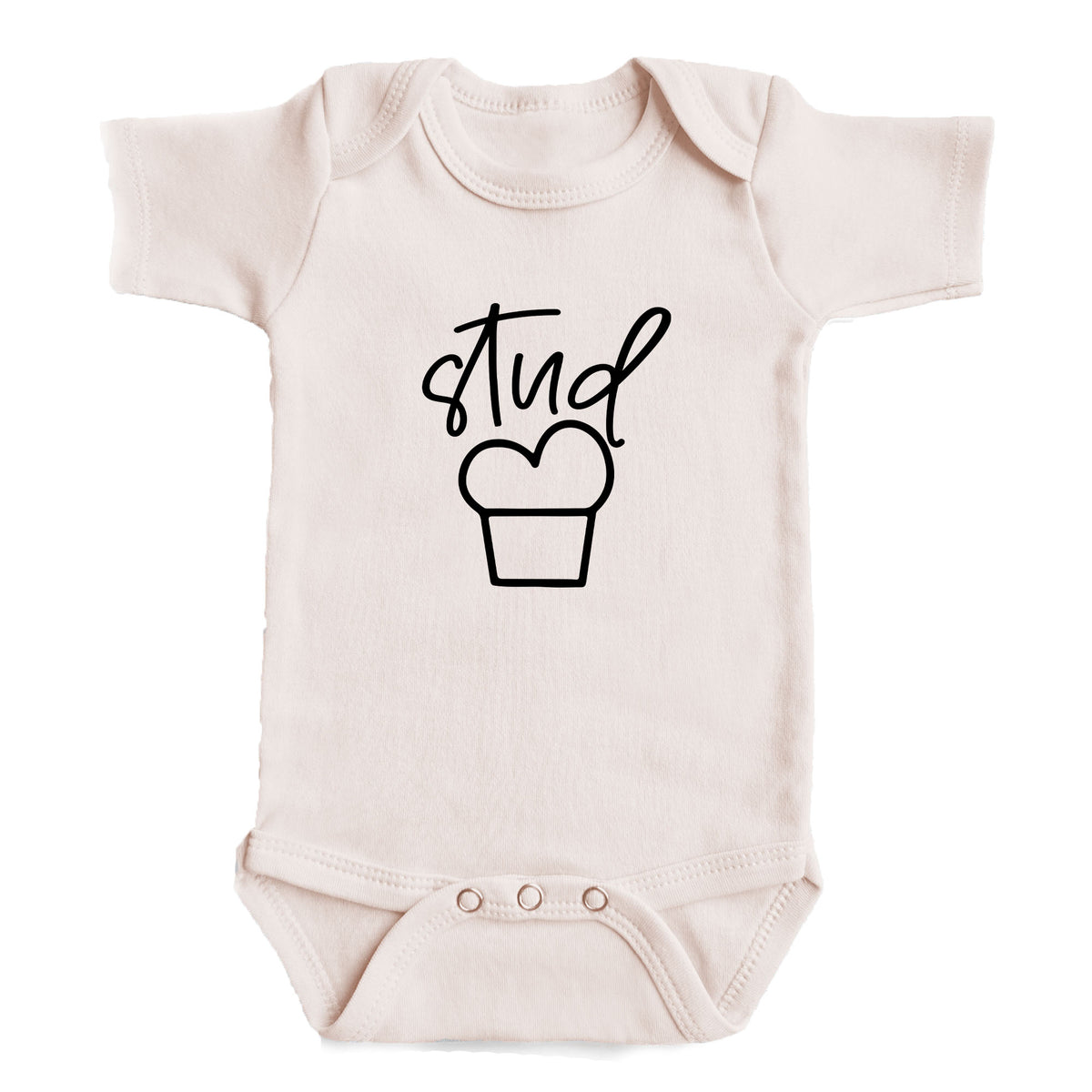 A baby onesie with a simple black graphic design on the front.