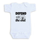 A white baby onesie with the text "DEFEND TILL THE END" printed on it.