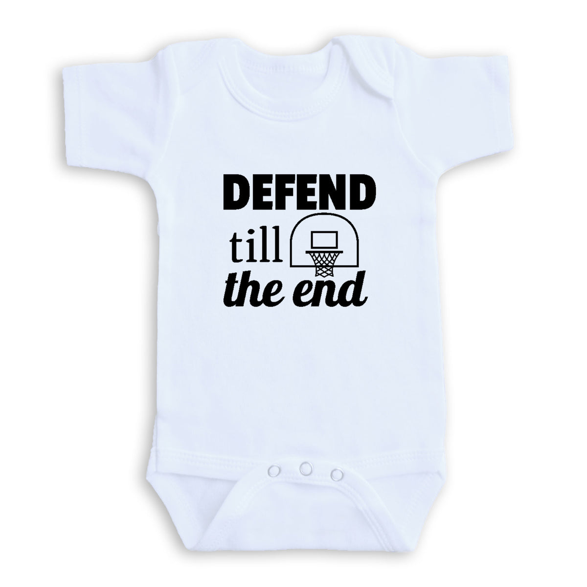 A white baby onesie with the text "DEFEND TILL THE END" printed on it.
