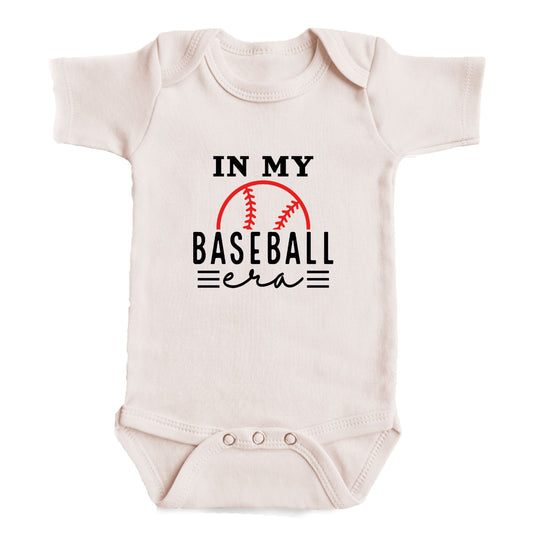 A baby onesie with the text "IN MY BASEBALL ERA" printed on it.