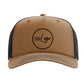 A brown baseball cap with a black mesh panel on the side.