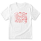 A white t-shirt with a graphic design featuring various Christmas-themed items such as a Santa hat, gift box, candy cane, and other festive symbols.