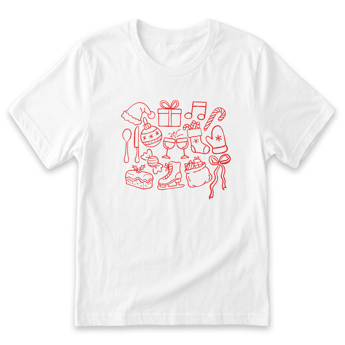 A white t-shirt with a graphic design featuring various Christmas-themed items such as a Santa hat, gift box, candy cane, and other festive symbols.