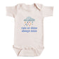 A baby onesie with a rain cloud and raindrops graphic, along with the text "rain or shine always mine" printed on it.