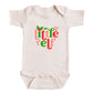 A white baby onesie with a printed design on the front.