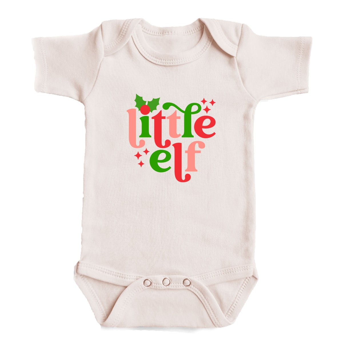 A white baby onesie with a printed design on the front.