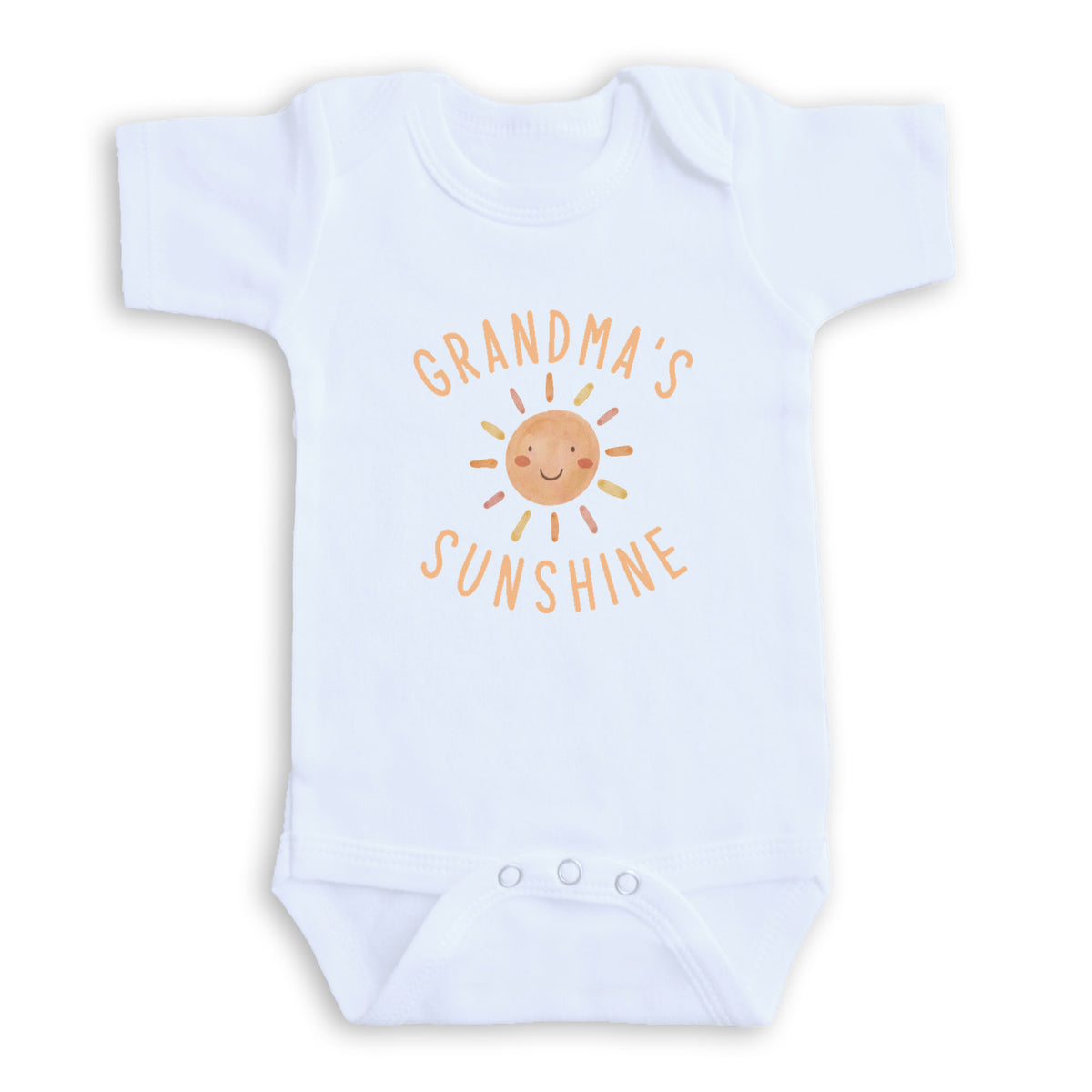 A white baby onesie with the text "GRANDMA'S SUNSHINE" printed on it.