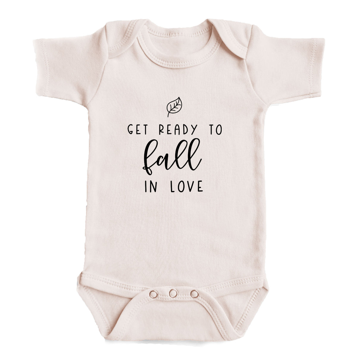 A baby onesie with the text "GET READY TO FALL IN LOVE" printed on it.