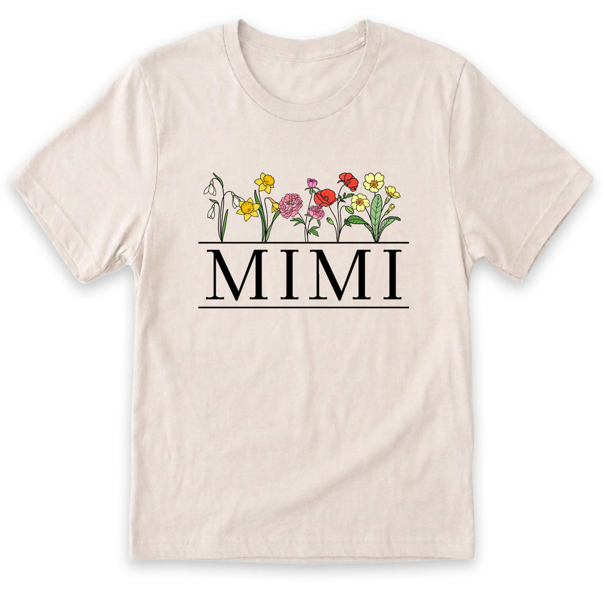 A white t-shirt with a graphic design featuring a row of colorful flowers and the word "Mimi" printed on it.