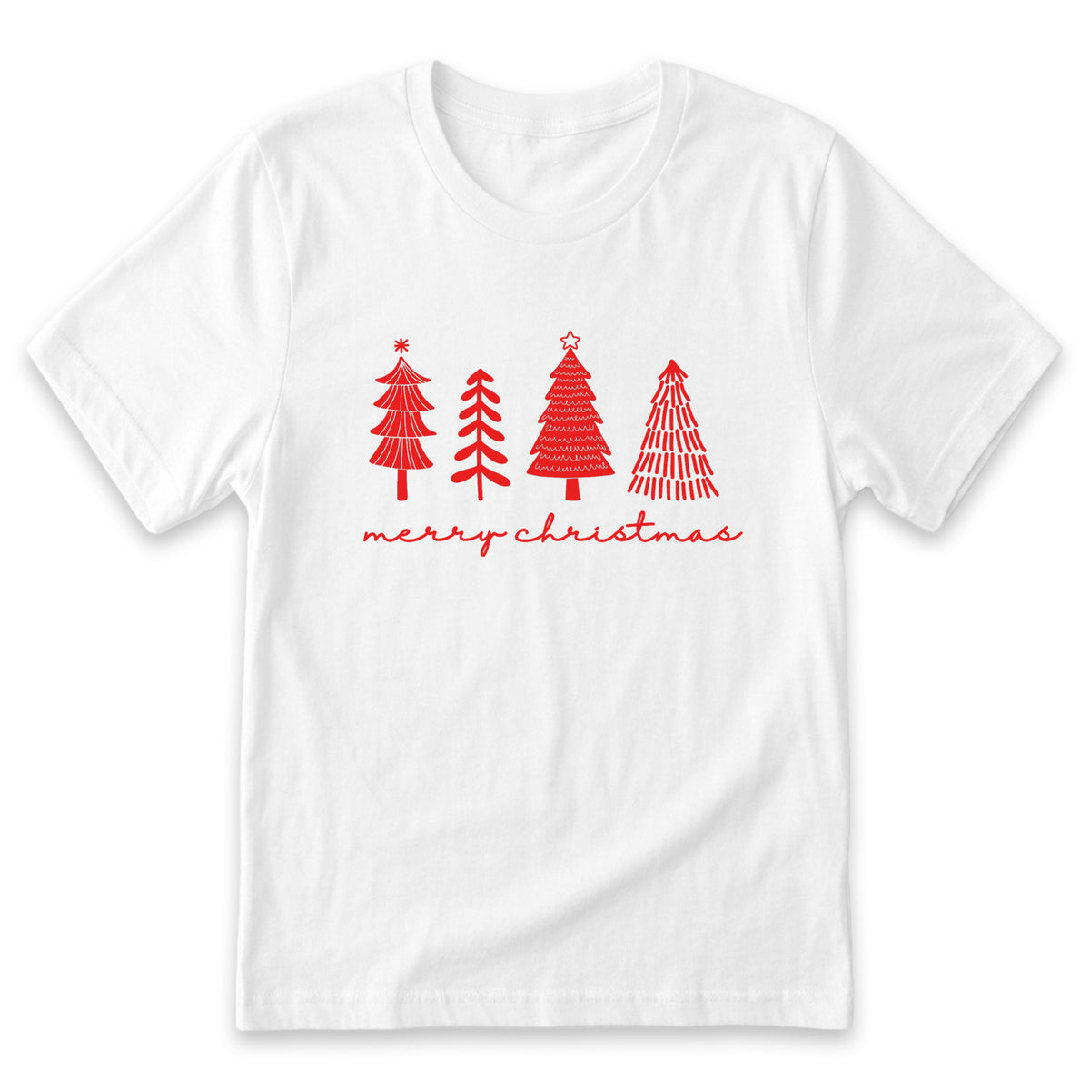 A white t-shirt with a graphic design featuring four stylized Christmas trees in red and white colors, along with the text "Merry Christmas" written below them.