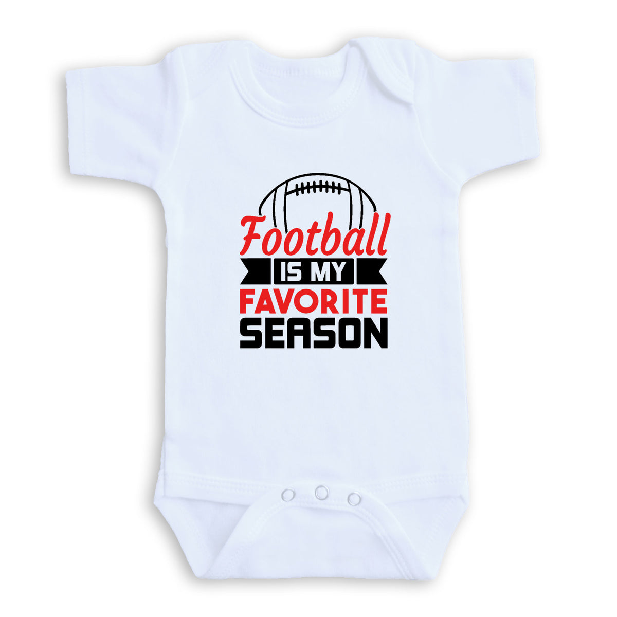 A white baby onesie with a graphic design and text printed on it.