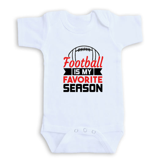 A white baby onesie with a graphic design and text printed on it.