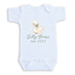 A white baby onesie with a cartoon duck and the text "Silly Goose est. 2027" printed on it.