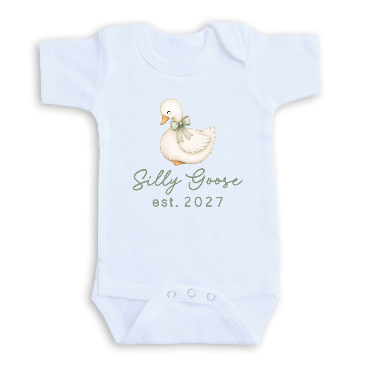 A white baby onesie with a cartoon duck and the text "Silly Goose est. 2027" printed on it.