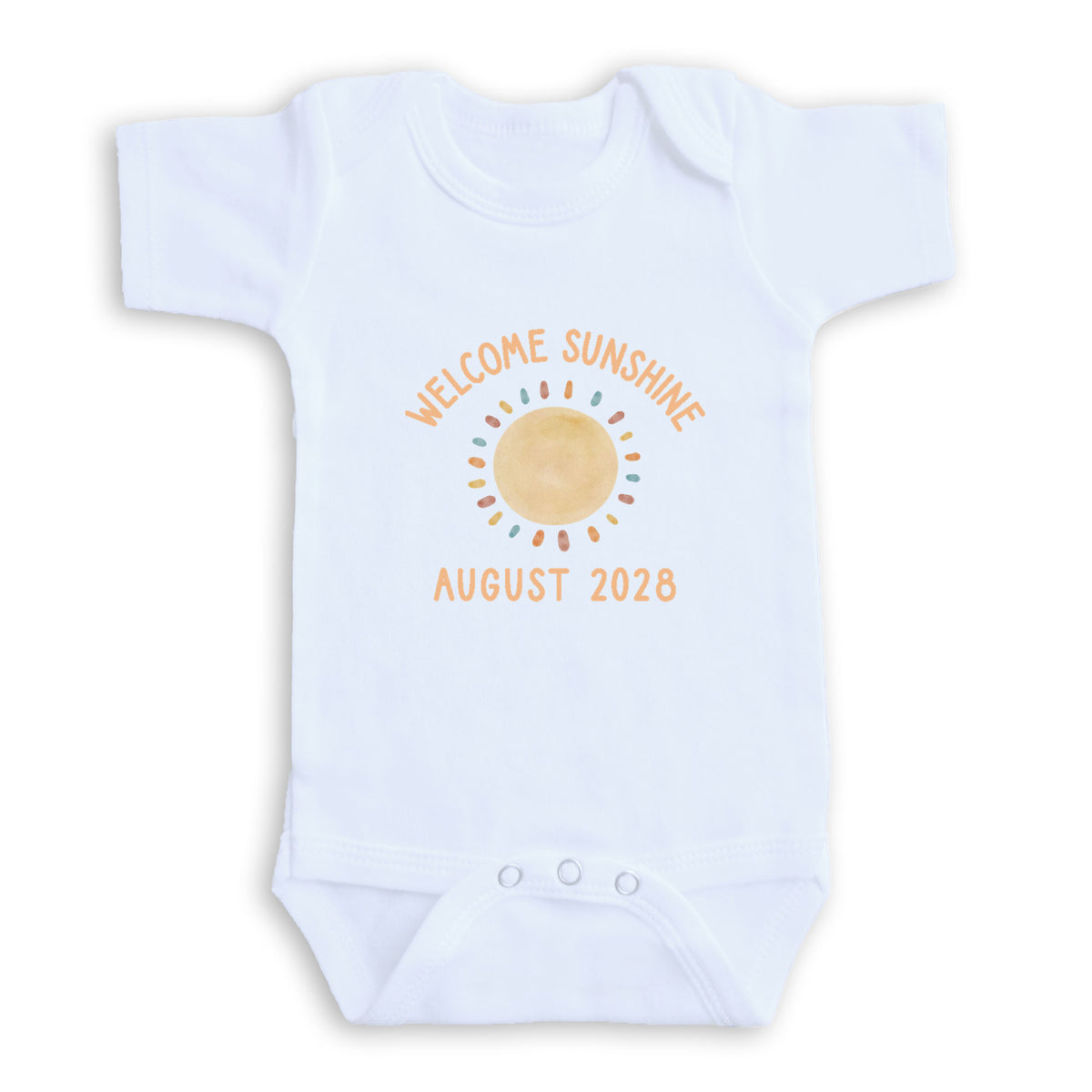 A white baby onesie with a sun graphic and text that reads "Welcome sunshine August 2028".