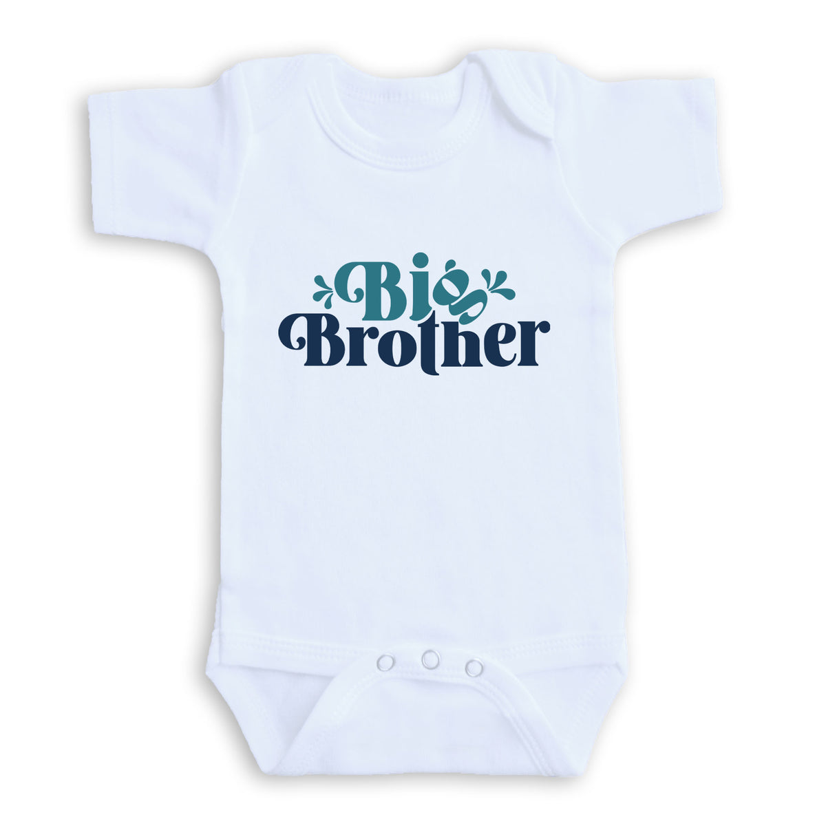 A white baby onesie with the text "Big Brother" printed on it.