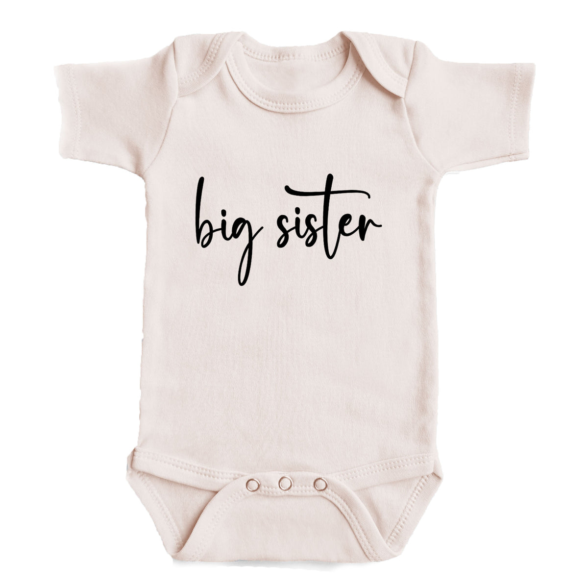 A baby onesie with the text "big sister" printed on it.