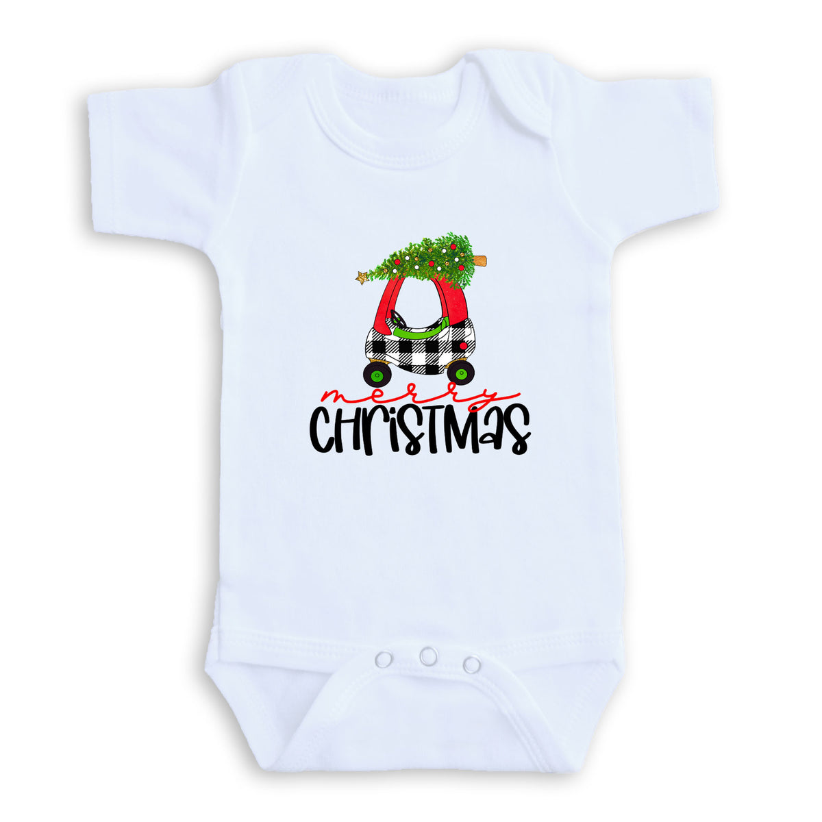 A white baby onesie with a Christmas-themed design on it.