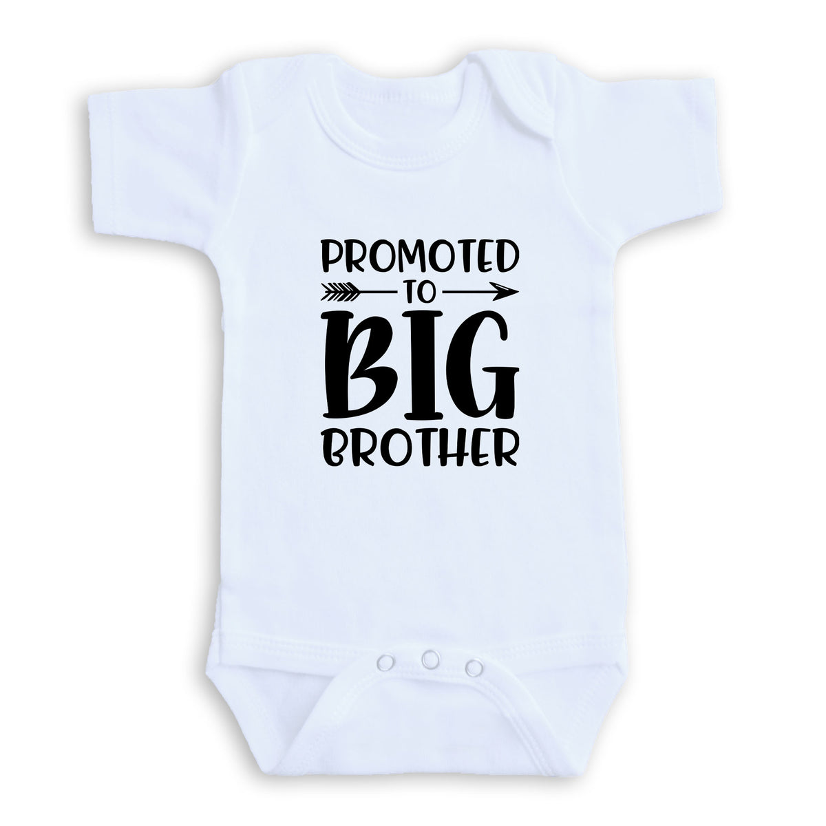 A white baby onesie with the text "PROMOTED TO BIG BROTHER" printed on it.