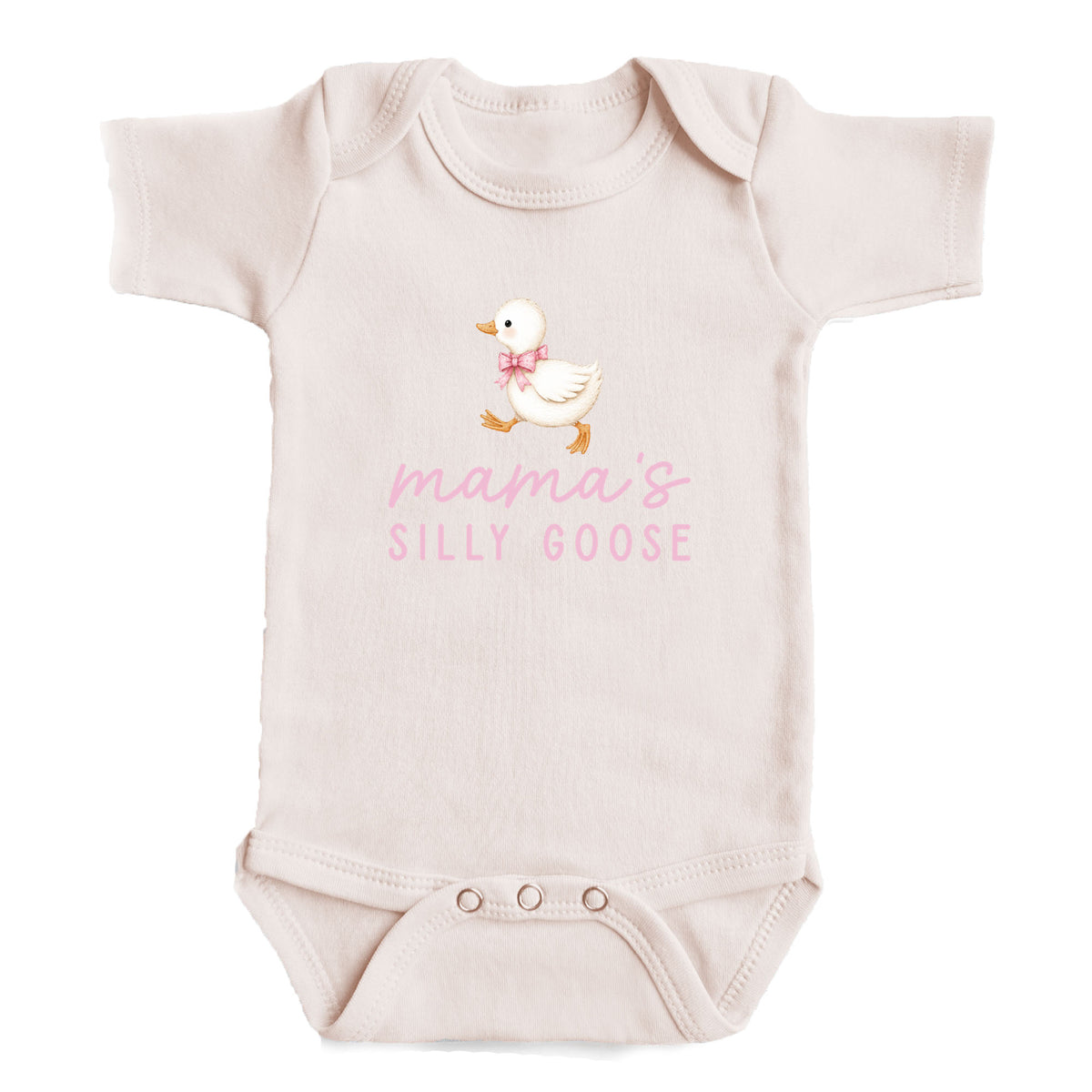 A baby onesie with a cartoon image of a duck and the text "mama's silly goose" printed on it.