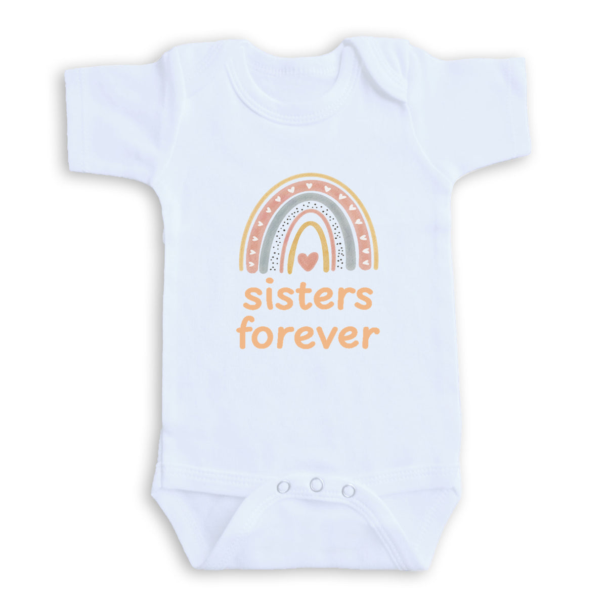 A white baby onesie with a rainbow graphic and the text "sisters forever" printed on it.