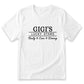 A white t-shirt with the text "GIGI'S LUCKY STARS" printed on it.