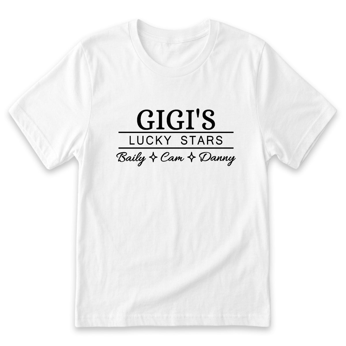 A white t-shirt with the text "GIGI'S LUCKY STARS" printed on it.