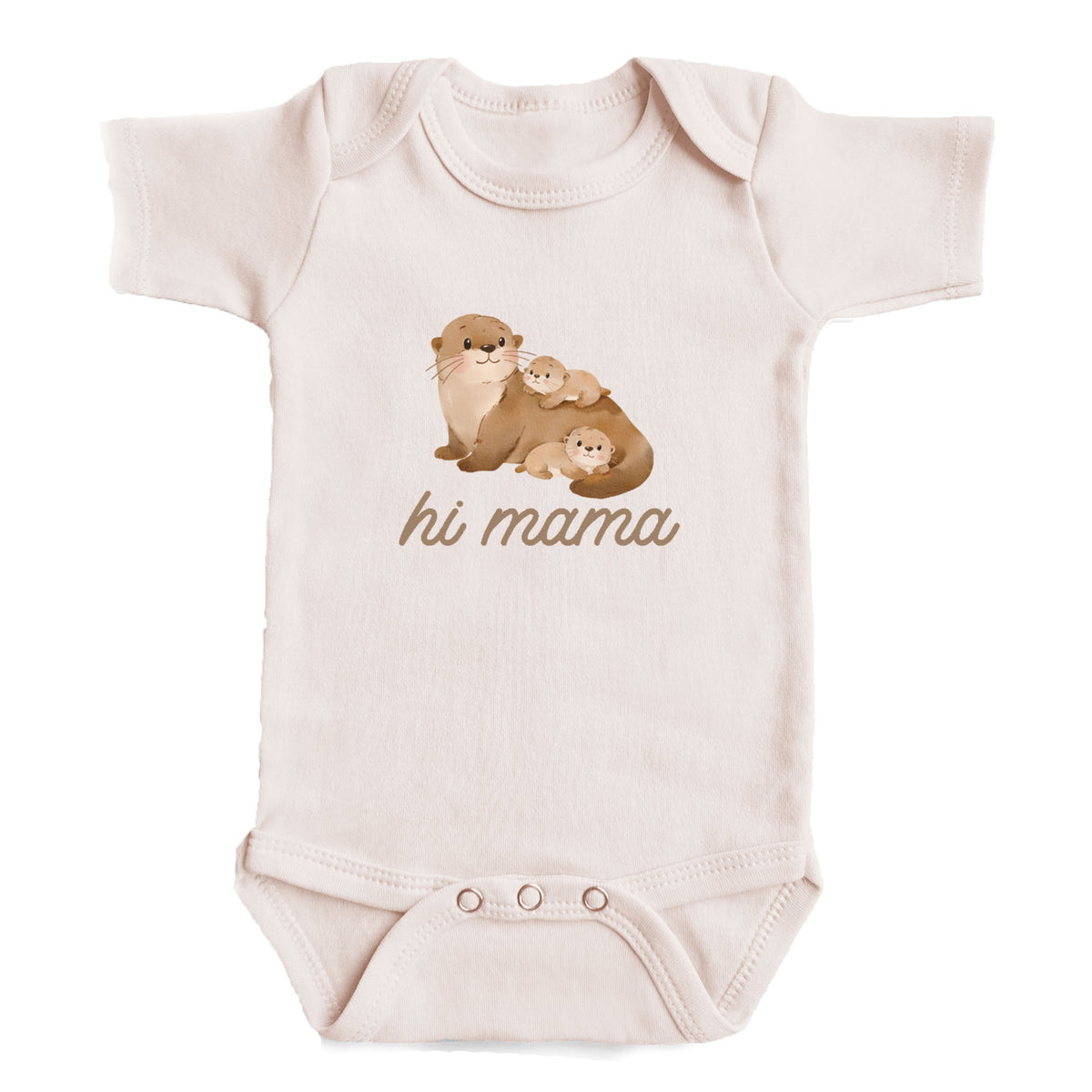 A baby onesie with an image of a mother otter and her two baby otters. The text below the image says "hi mama".