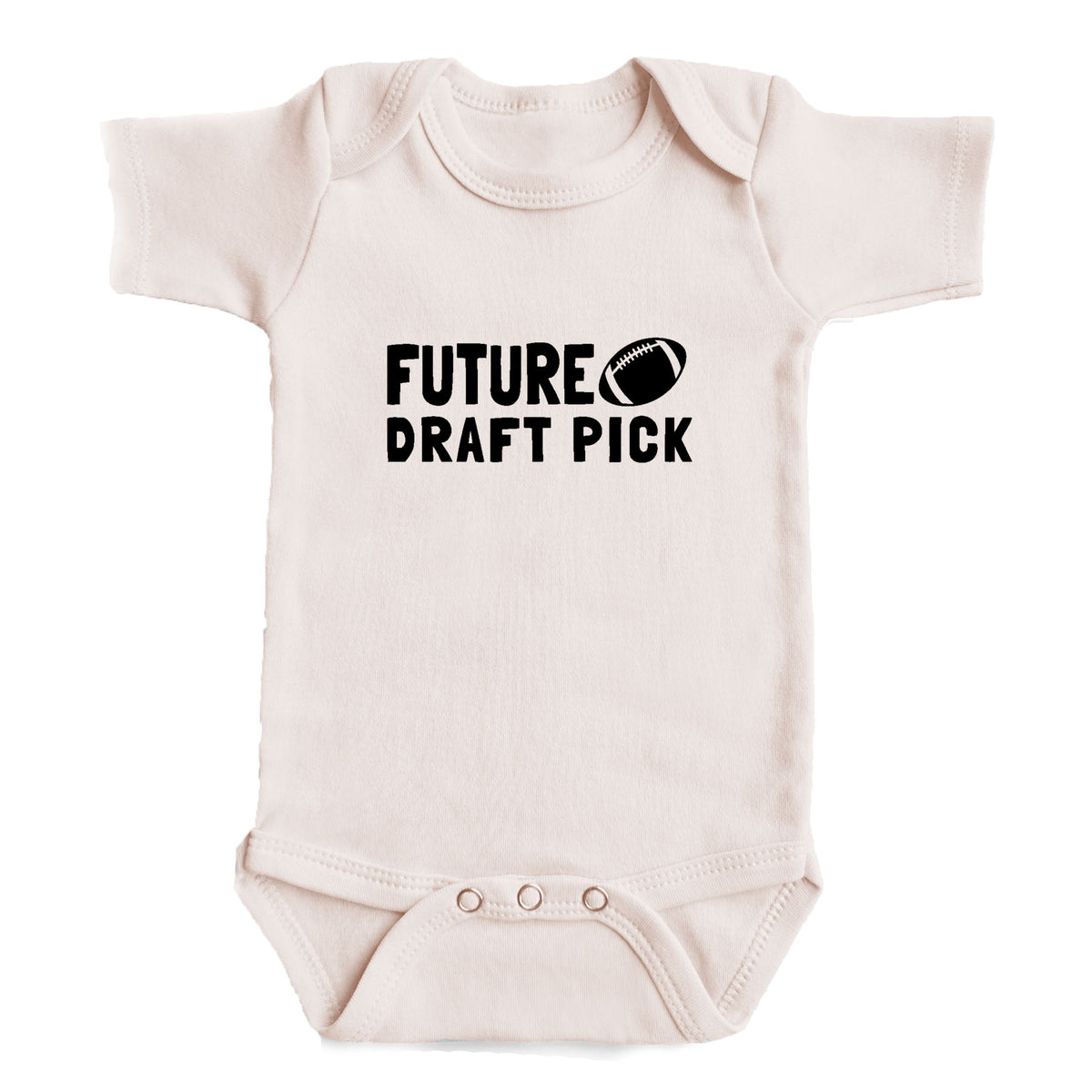 A baby onesie with the text "FUTURE DRAFT PICK" printed on it.