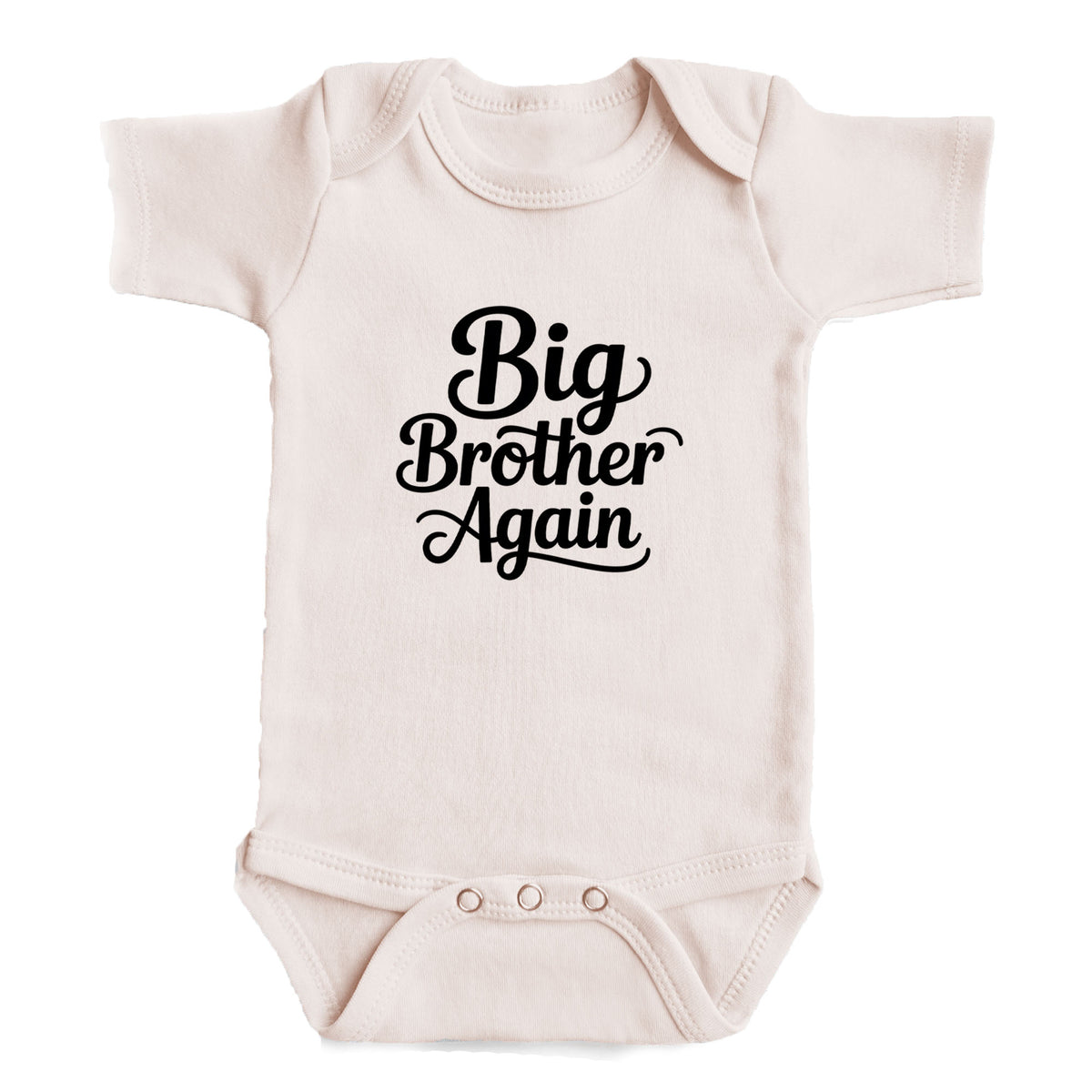A baby onesie with the text "Big Brother Again" printed on it.