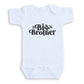 A white baby onesie with the text "Big Brother" printed on it.