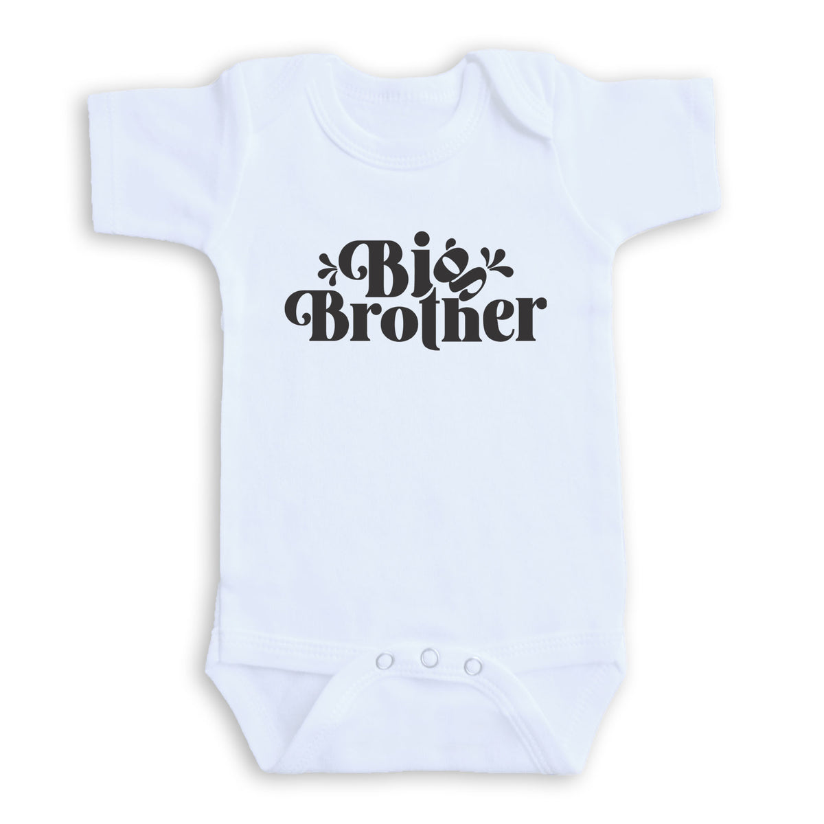 A white baby onesie with the text "Big Brother" printed on it.