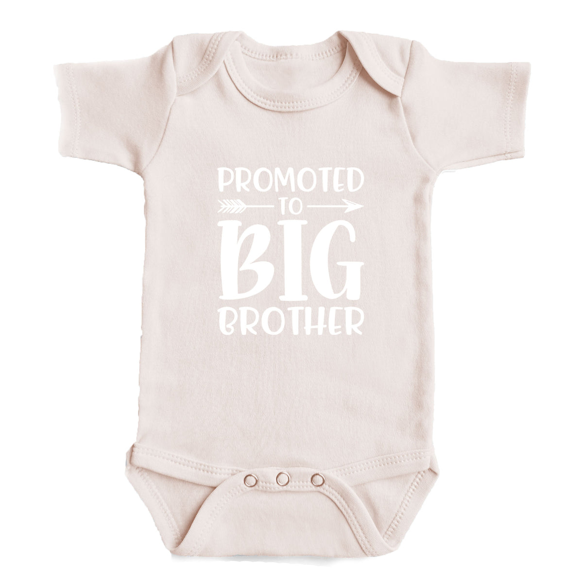 A baby onesie with the text "Promoted to Big Brother" printed on it.