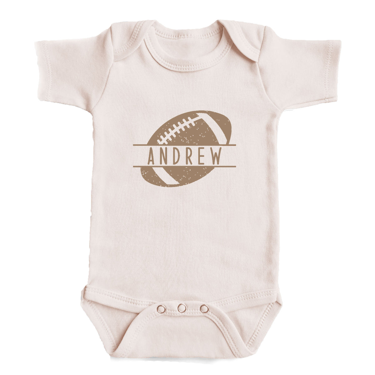 A baby onesie with a football graphic and the name "ANDREW" printed on it.
