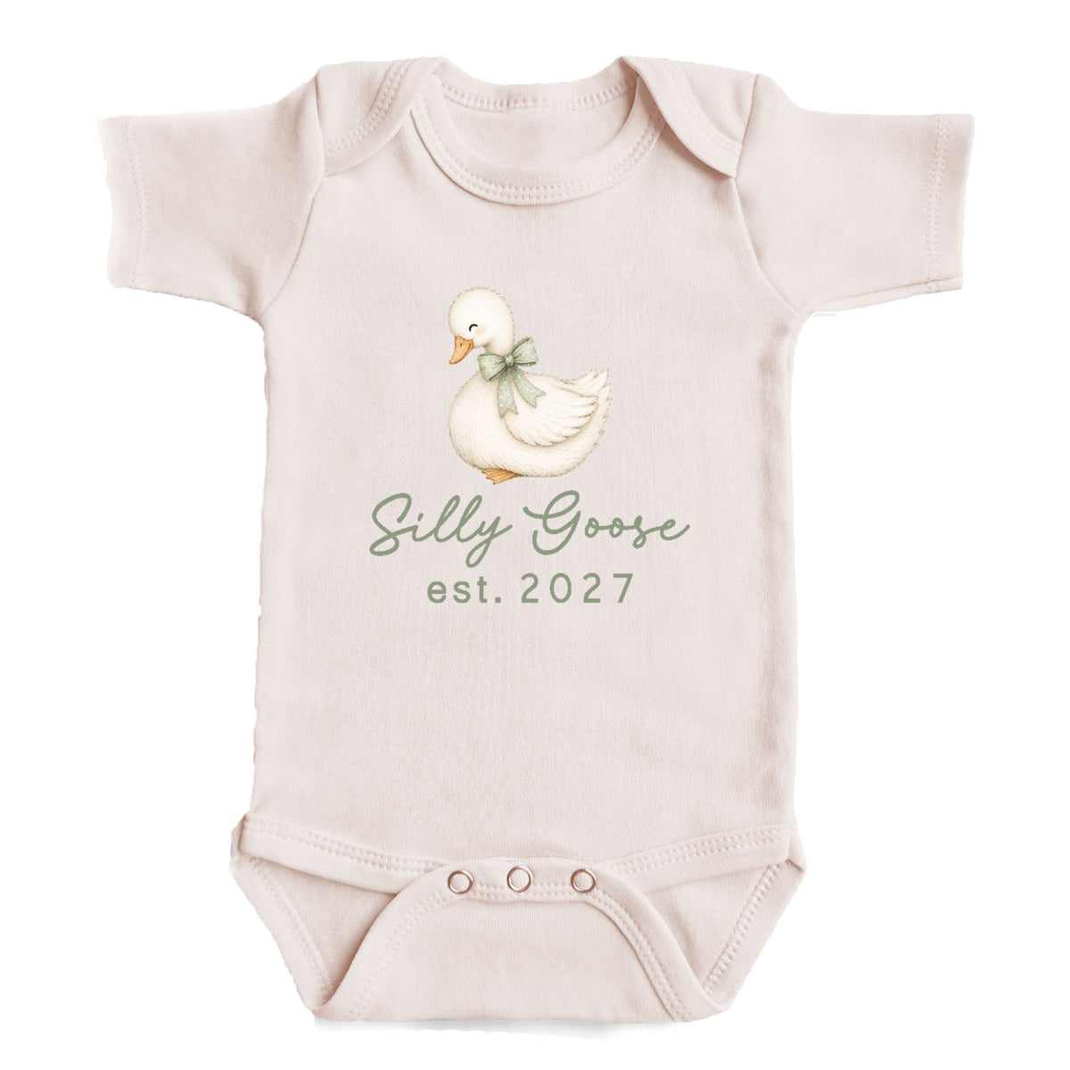A baby onesie with a cartoon image of a duck and the text "Silly Goose est. 2027" printed on it.